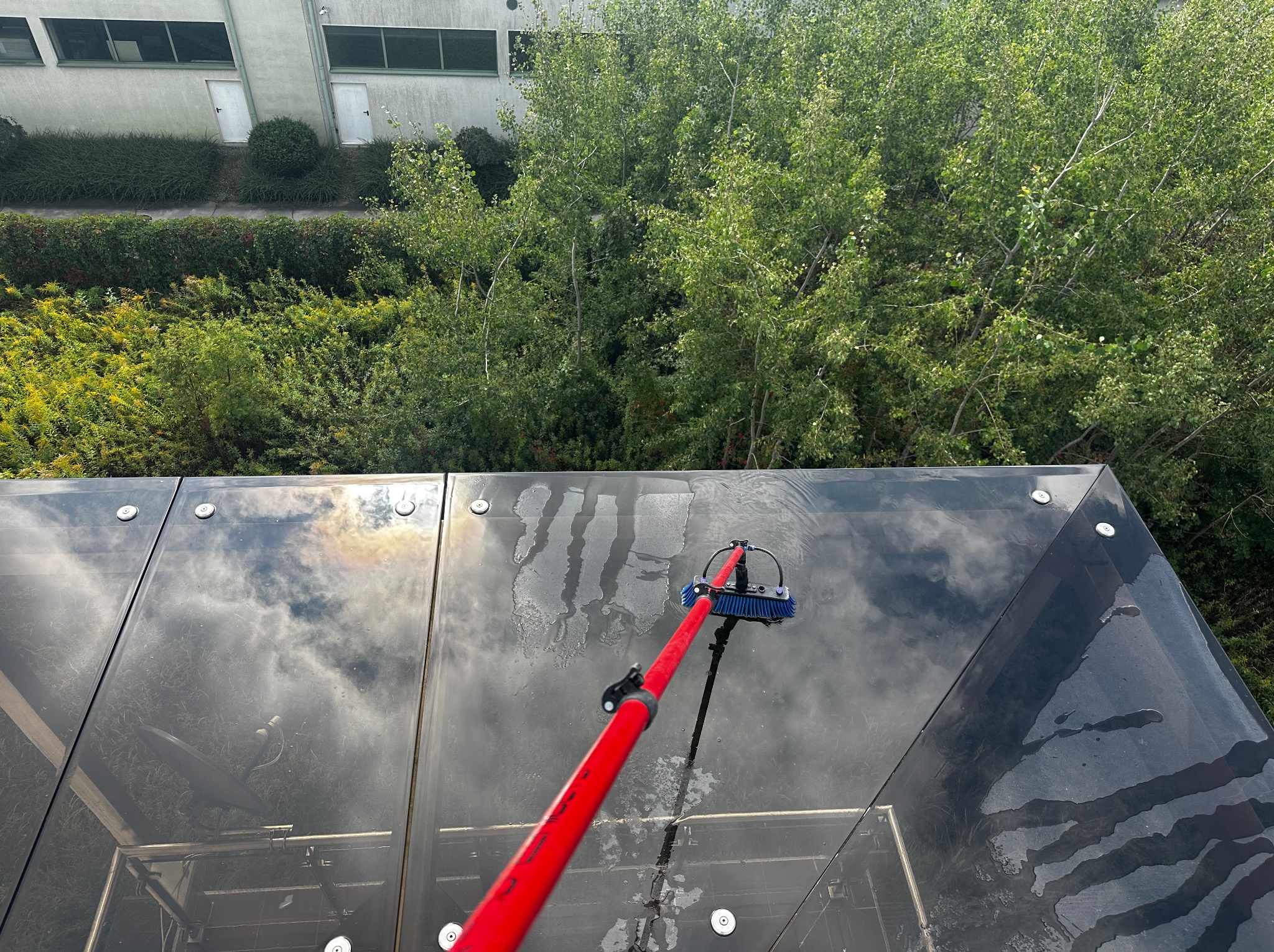 Szczotka na teleskopowym kiju czyści szklany dach/świetlik, zieleń w tle. Widok z góry ukazuje proces usuwania zabrudzeń z przeszklonej konstrukcji.