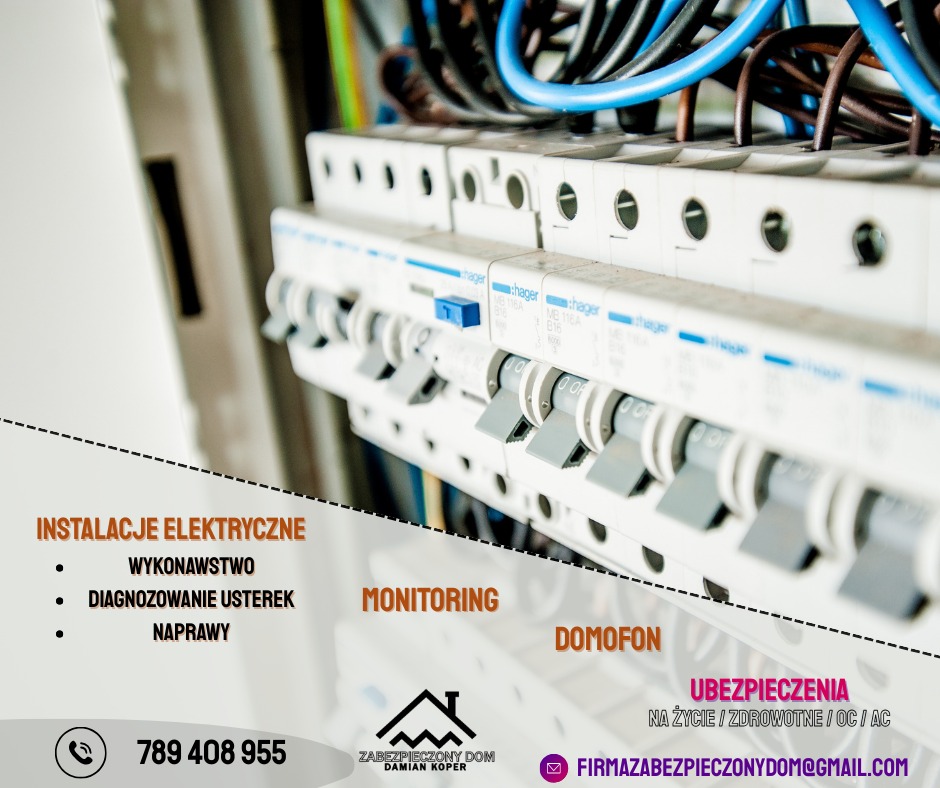 Rozdzielnica elektryczna z bezpiecznikami Hager, widoczne kable. Reklama firmy Zabezpieczony Dom z usługami: instalacje elektryczne, monitoring, domofon, ubezpieczenia.