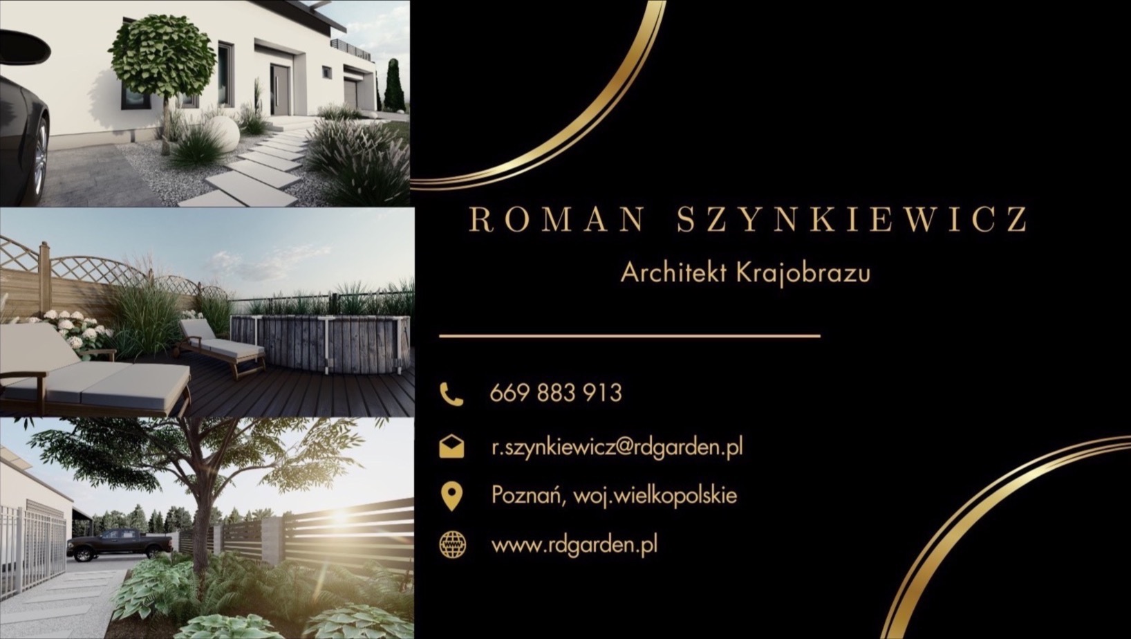 Wizytówka architekta krajobrazu z trzema projektami: nowoczesny ogród, taras z leżakami i ogród z widokiem na zachód słońca. Kontakt: Roman Szynkiewicz, Poznań.