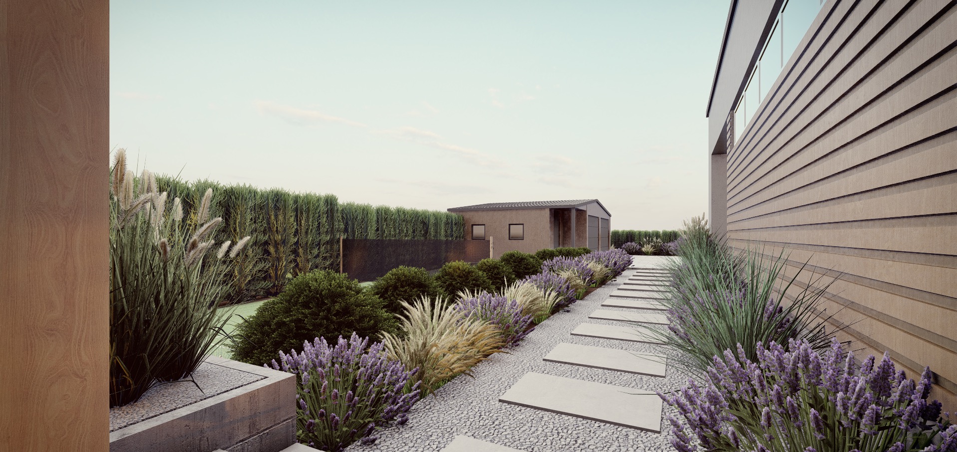 Wizualizacja ogrodu z ścieżką z płyt, rabatami lawendy i ozdobnych traw. W tle budynek gospodarczy i wysoki żywopłot. Ujęcie z perspektywy niskiego kąta.