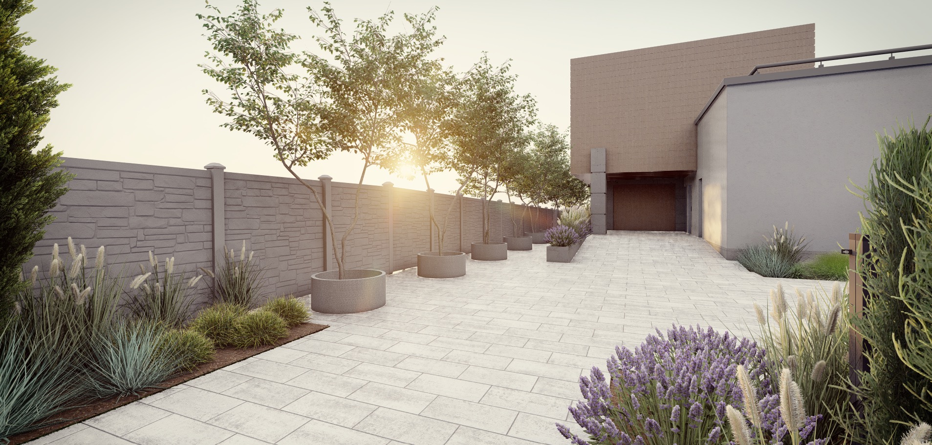 Nowoczesny ogród z szarym murem, drzewami w donicach i ścieżką z jasnej kostki. Promienie słońca przebijają przez korony drzew.