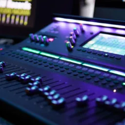 Profesjonalny mikser audio SQ-6 z podświetleniem LED w odcieniach fioletu i zieleni. Widoczne suwaki, pokrętła i ekran. W tle monitory.