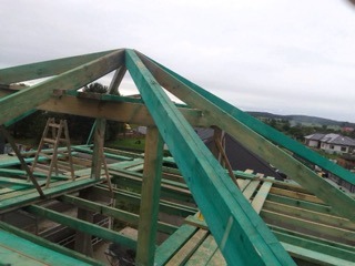 Konstrukcja drewniana dachu z zielonymi impregnatami, widziana z góry, z drabinką opartą o elementy konstrukcyjne i fragmentem krajobrazu w tle.