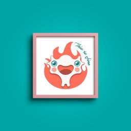 Katarzyna Krajewska - Grafika w ramce: Uśmiechnięty płomyk z oczami i napisem 'This is fine' na turkusowym tle. Delikatna kolorystyka i minimalistyczny styl.