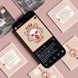 Prezentacja grafiki w stylu social media z motywem kota w Cybulicach Małych. Ilustracje i mockup ekranu smartfona tworzą spójną kompozycję.