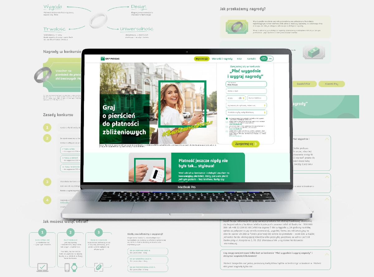 Ekran laptopa wyświetla stronę konkursową BNP Paribas z hasłem 'Graj o pierścień do płatności zbliżeniowych'. Widoczna kobieta z kawą i informacje o nagrodach.