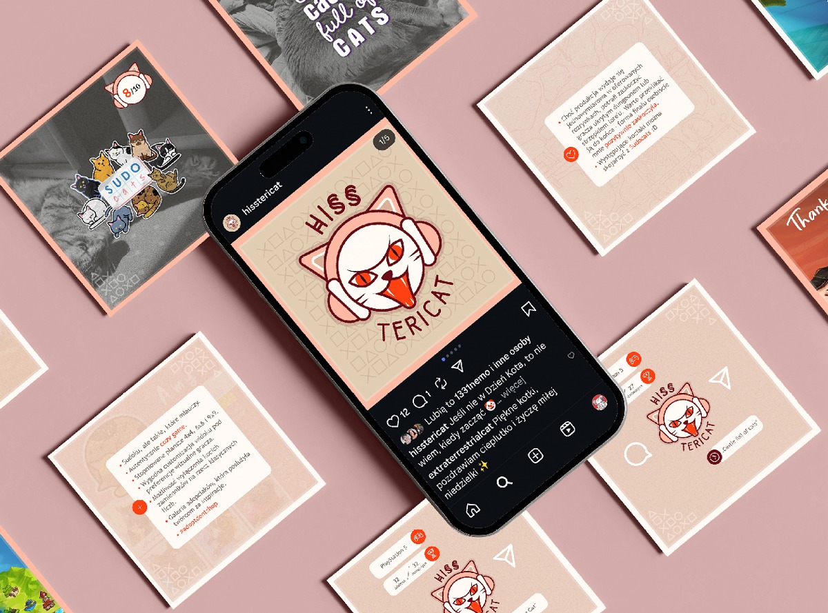 Prezentacja grafiki w stylu social media z motywem kota w Cybulicach Małych. Ilustracje i mockup ekranu smartfona tworzą spójną kompozycję.