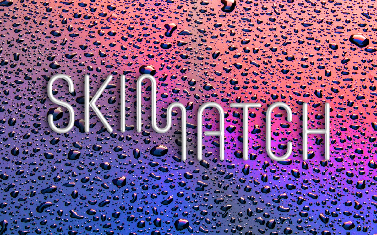 Grafika z napisem 'SKINMATCH' na tle gradientu różowo-fioletowego pokrytego kroplami wody, tworząca nowoczesny i przyciągający wzrok design.