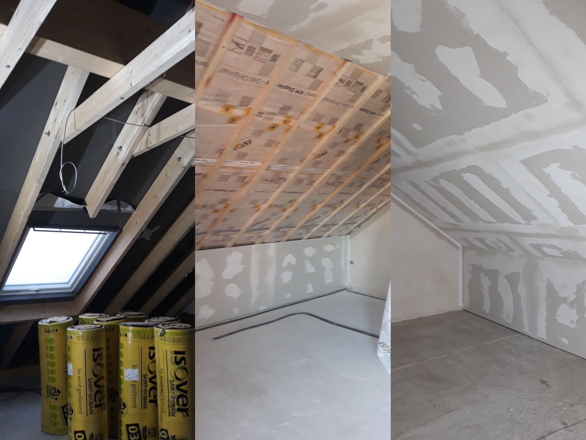 Trzy etapy adaptacji poddasza: surowa konstrukcja z oknem, ocieplenie z folią paroizolacyjną, wstępnie wykończone ściany z płyt g-k i szpachlowaniem. Izolacja Isover.