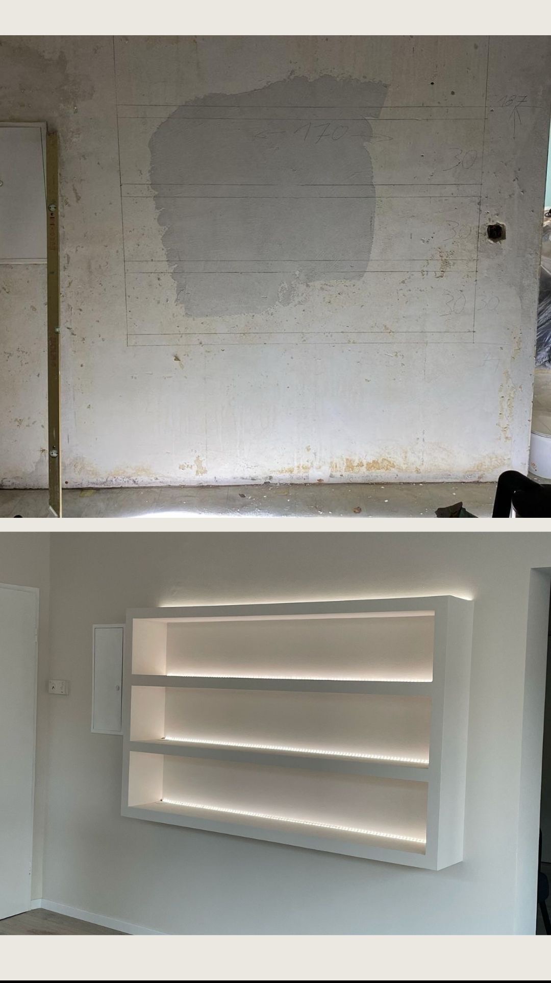 Zdjęcie 'przed i po' przedstawia remont ściany z wnęką: od surowej, zarysowanej ściany do wykończonej, białej wnęki z trzema półkami i subtelnym oświetleniem LED.