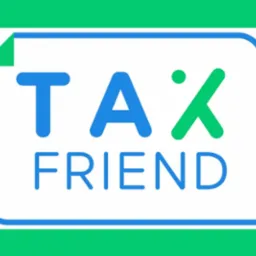 Grafika z napisem TAX FRIEND w niebiesko-zielonej kolorystyce, umieszczona na białym tle w obramowaniu przypominającym kartkę z zagiętym rogiem.