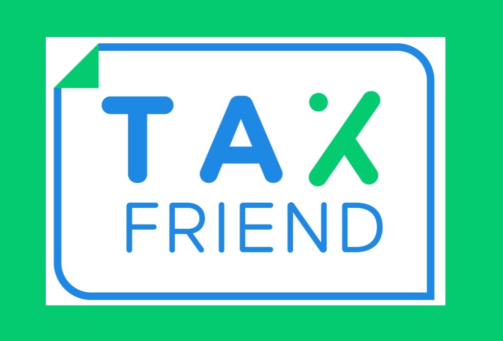 Grafika z napisem TAX FRIEND w niebiesko-zielonej kolorystyce, umieszczona na białym tle w obramowaniu przypominającym kartkę z zagiętym rogiem.