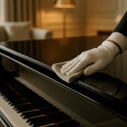 Green Hall Sp. z o.o. - Czyszczenie fortepianu przez osobę w białych rękawiczkach, z użyciem ściereczki. Widoczne klawisze i odbicie światła na lakierowanej powierzchni.