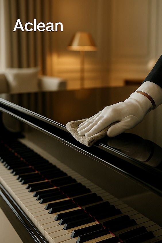 Czyszczenie fortepianu przez osobę w białych rękawiczkach, z użyciem ściereczki. Widoczne klawisze i odbicie światła na lakierowanej powierzchni.