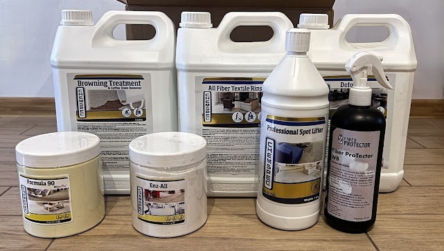 Zestaw środków czyszczących Chemspec: Browning Treatment, All Fiber Textile Rinse, Formula 90, Enz-All, Professional Spot Lifter i Fiber Protector WB.