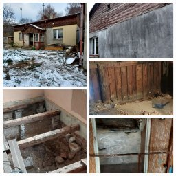 P&K BUD Ewa Kotlińska - Kolaż zdjęć ukazujących stan budynku przed remontem: elewacja, podłoga z drewnianymi belkami, wnętrze z odpadającymi deskami i fragmenty zniszczonych ścian.
