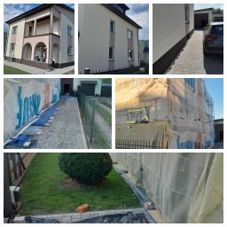 P&K BUD Ewa Kotlińska - Mozaika zdjęć domu: elewacja w trakcie i po malowaniu, fragment ocieplonej ściany z reklamą firmy, oraz widok na posesję z kostką brukową i zielenią.