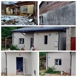 P&K BUD Ewa Kotlińska - Remont elewacji domu przed i po w Kutnie. Odnowiona fasada budynku z oknami, widoczne narzędzia i osoba przy pracy. Zmiana koloru elewacji.