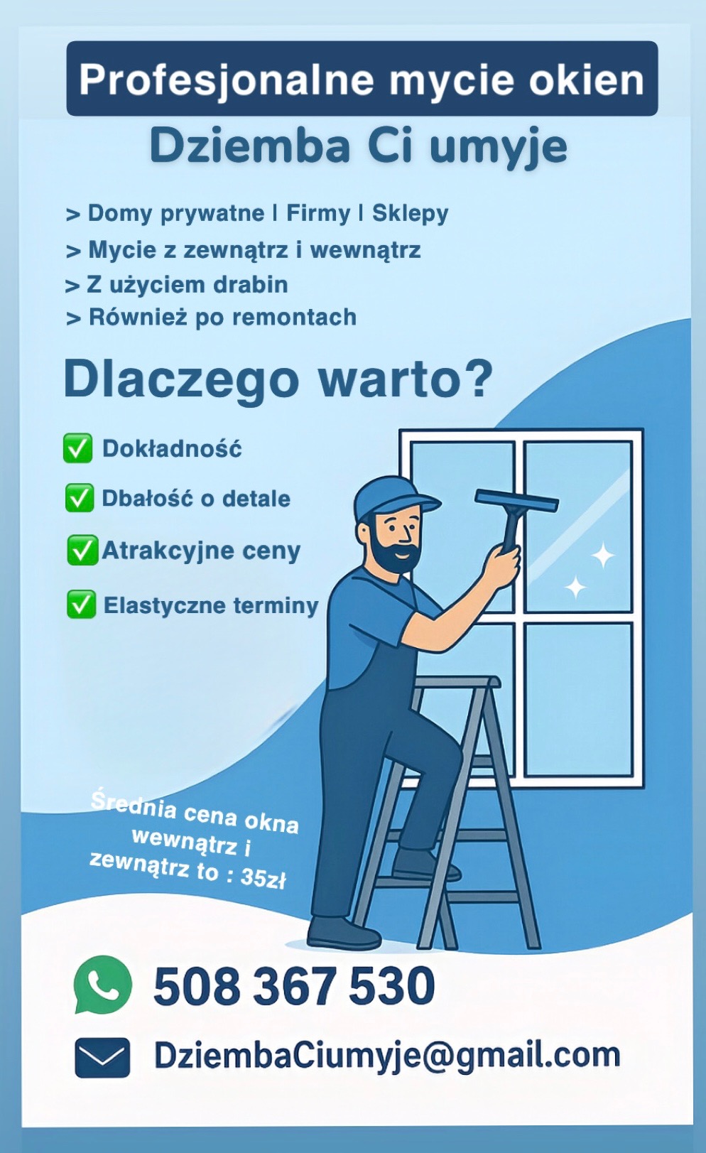 Ilustracja: Mężczyzna w kombinezonie myje okno z użyciem myjki na drabinie. Reklama usług mycia okien dla domów, firm i po remontach. Kontakt telefoniczny i email.