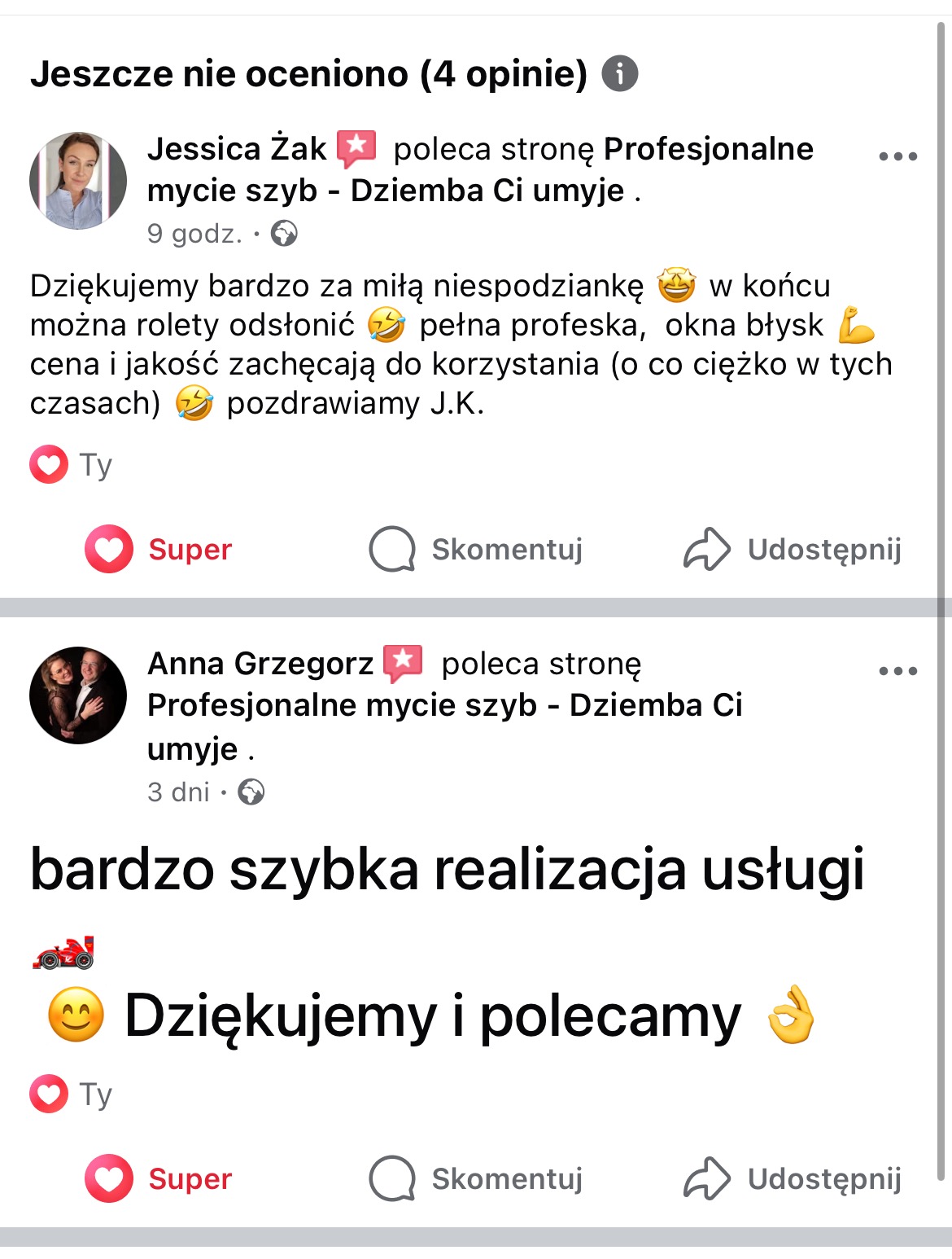 Zrzut ekranu z pozytywnymi opiniami klientów na temat 'Profesjonalne mycie szyb - Dziemba Ci umyje', podkreślającymi profesjonalizm, jakość i szybką realizację.