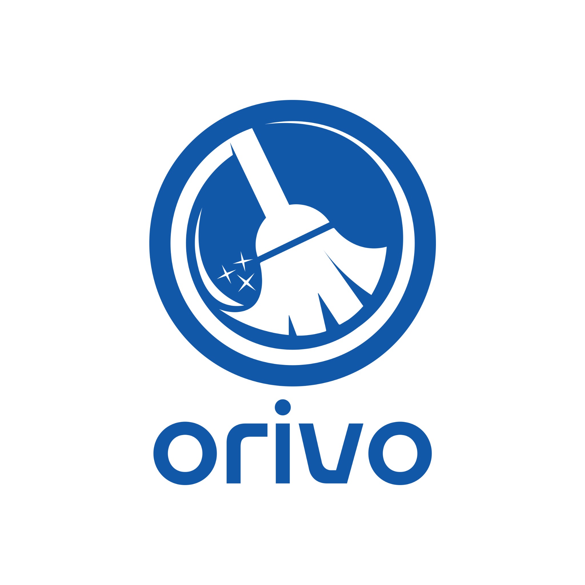 Niebieskie logo 'orivo' z okrągłym symbolem miotły i gwiazdkami, sugerujące usługi sprzątania.