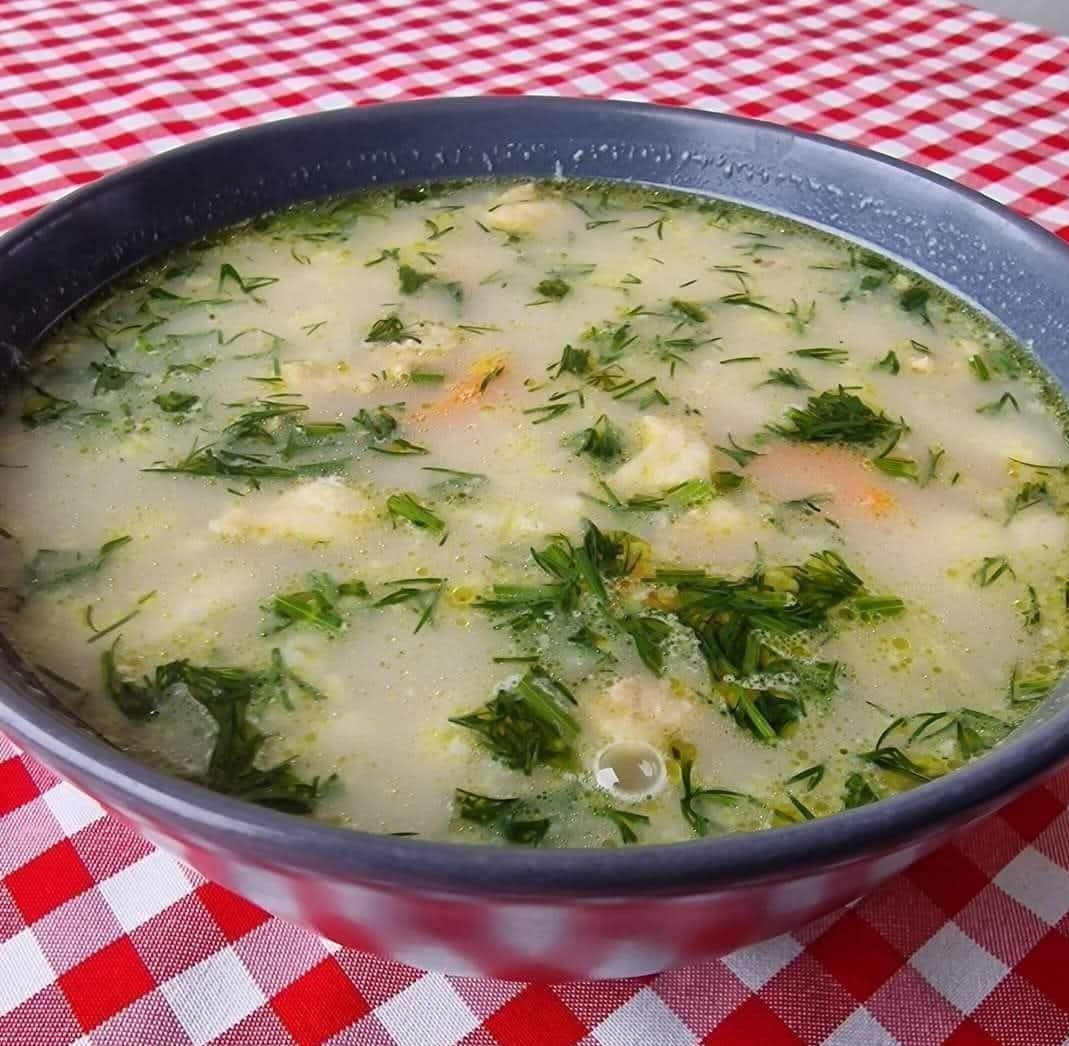 Kremowa zupa rybna z koperkiem w szarej misce na czerwono-białym obrusie w kratkę. Delikatne oświetlenie, ciepłe barwy, apetyczna prezentacja.