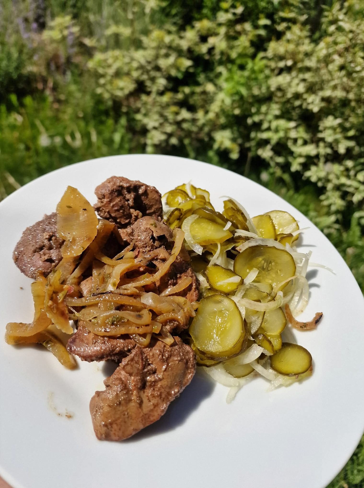 Porcja wątróbki drobiowej z duszoną cebulą i sałatką ze świeżego ogórka na białym talerzu, na tle zieleni. Domowe danie.