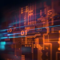 Abstrakcyjna grafika IT: pomarańczowe linie i kształty przypominające obwody elektroniczne na ciemnym tle z niebieskimi smugami światła. Motyw cyfrowy, futurystyczny.