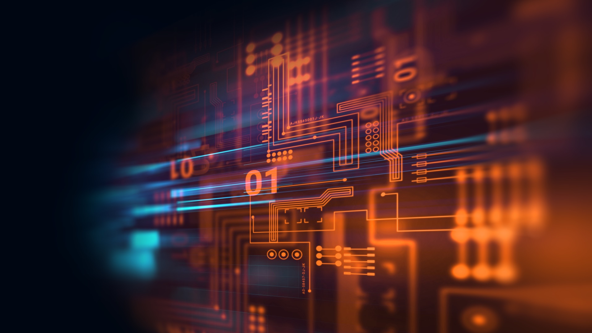 Abstrakcyjna grafika IT: pomarańczowe linie i kształty przypominające obwody elektroniczne na ciemnym tle z niebieskimi smugami światła. Motyw cyfrowy, futurystyczny.