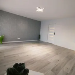 Jasne panele podłogowe w wykończonym pokoju z szarą ścianą i nowoczesną lampą sufitową. Minimalistyczne wnętrze z dekoracyjnymi roślinami.