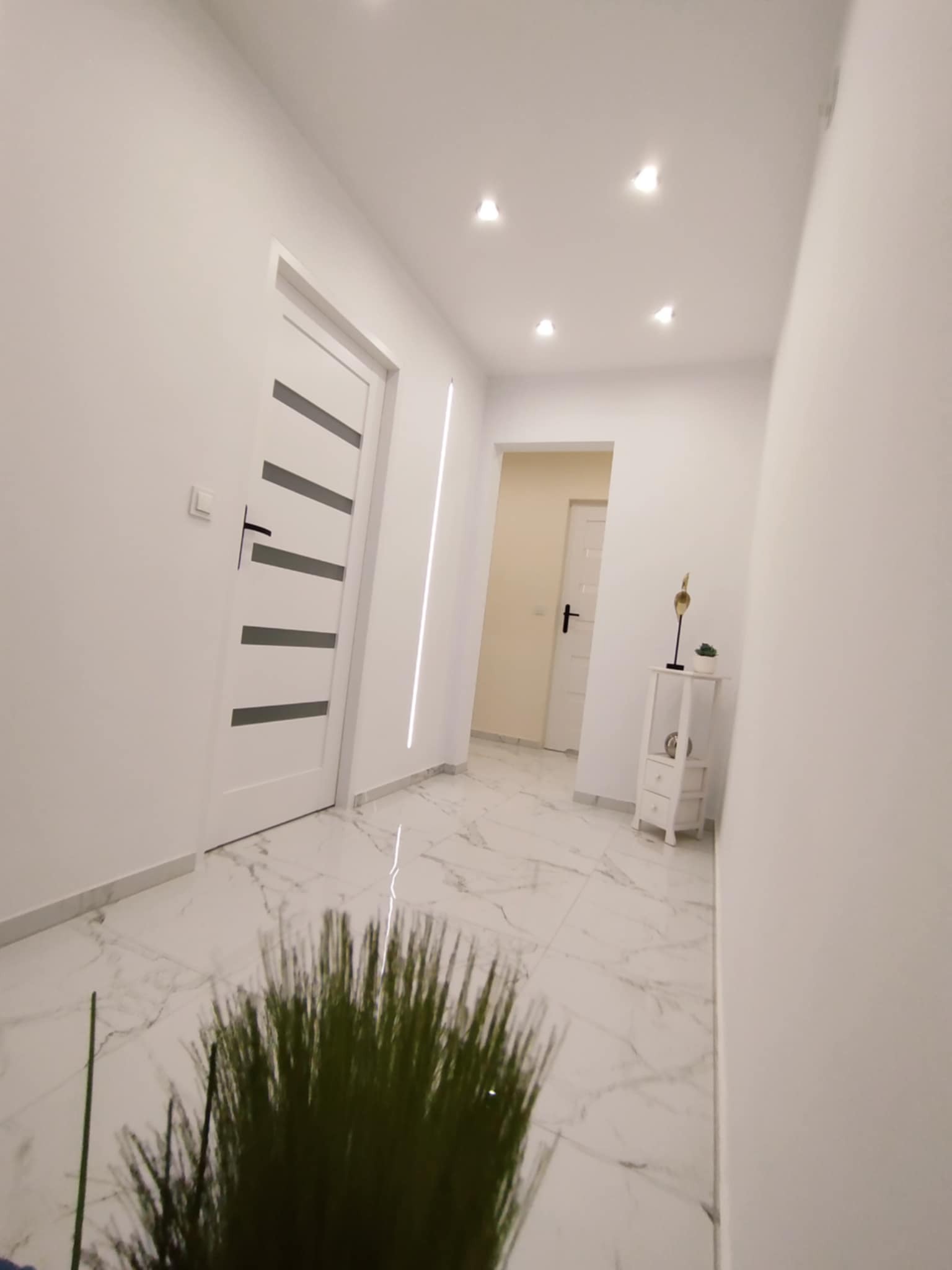 Biały korytarz z marmurową podłogą, oświetleniem punktowym i dekoracyjną rośliną. Widoczne drzwi z czarnymi akcentami i minimalistyczna komoda.