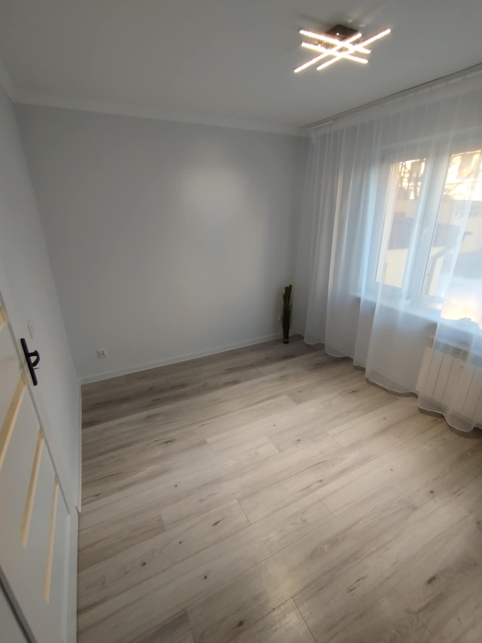 Jasne panele podłogowe w pokoju z białymi ścianami, grzejnikiem pod oknem i nowoczesną lampą sufitową. Minimalistyczny wystrój wnętrza z rośliną w rogu.