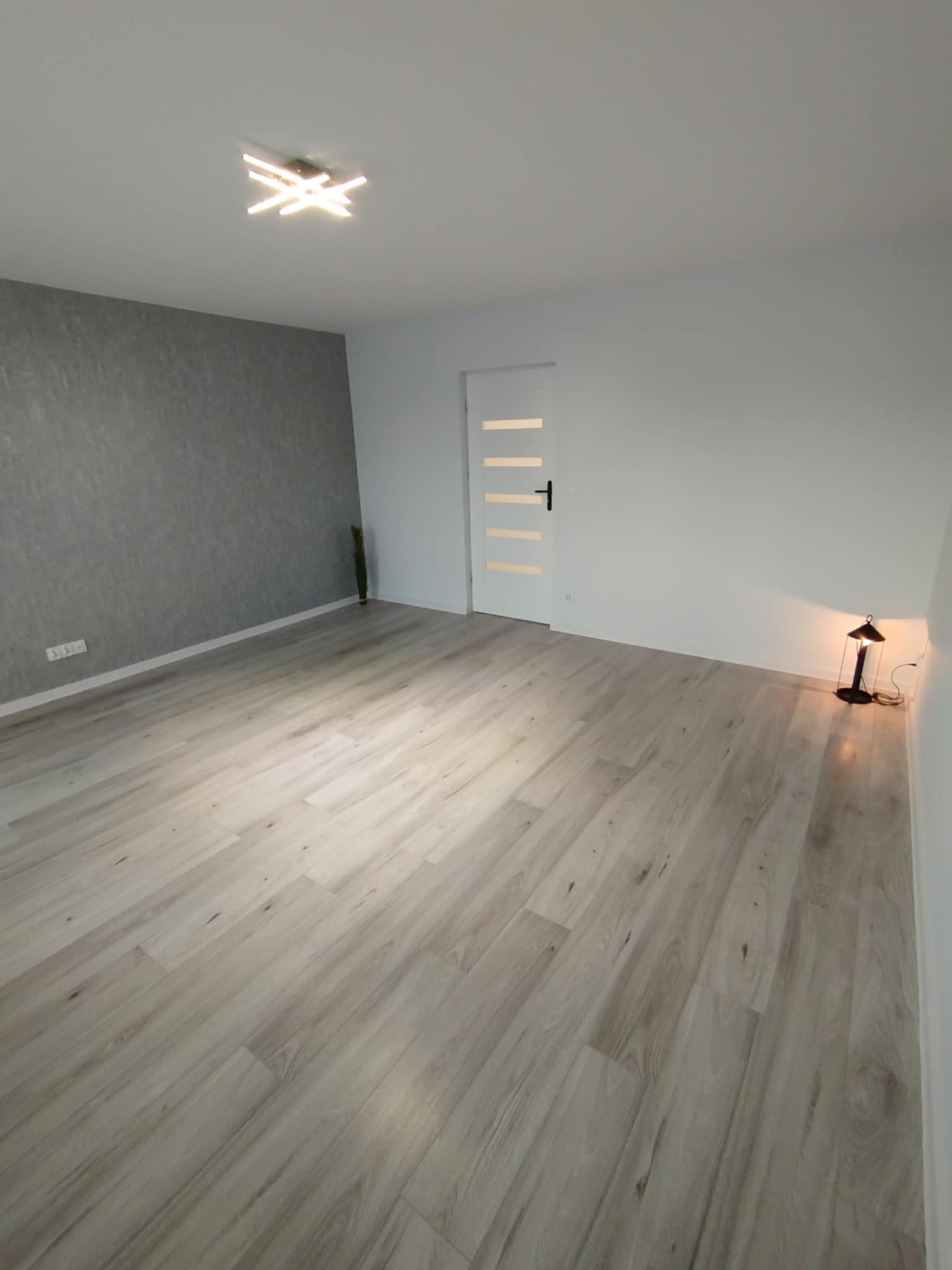 Jasne panele podłogowe w odnowionym pokoju z szarą ścianą akcentową, białą stolarką drzwiową i nowoczesnym oświetleniem sufitowym.