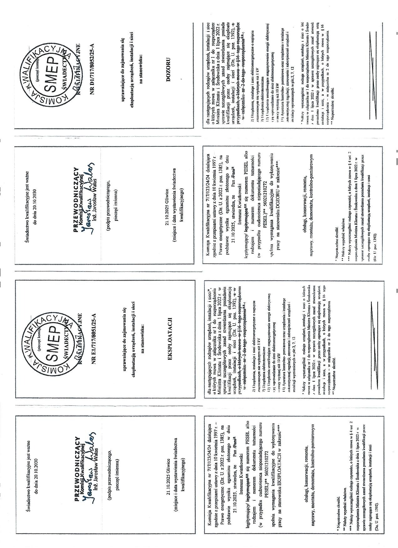 Skan świadectw kwalifikacyjnych SMEP dla elektryka, uprawniających do eksploatacji i dozoru urządzeń, instalacji i sieci elektrycznych. Dokumenty z pieczęciami i podpisami.