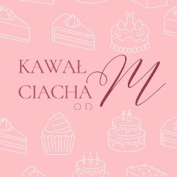 Klaudia Kozłowska Design - Grafika logo 'Kawał Ciacha' na różowym tle z obrysami ciast, babeczek i tortów. Elegancki font, burgundowe akcenty. Unikalny design dla cukierni lub kawiarni.