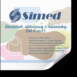 Klaudia Kozłowska Design - Grafika z silikonowym śliniaczkiem z kieszonką marki Simed. Pastelowe tło, informacje o produkcie, adres firmy. Reklama produktu dziecięcego.
