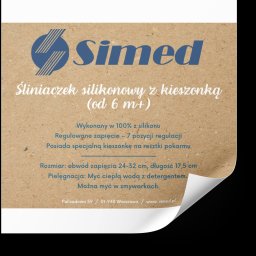 Klaudia Kozłowska Design - Grafika z informacjami o silikonowym śliniaczku dziecięcym marki Simed, z uwzględnieniem rozmiaru, pielęgnacji i składu. Tekst w kolorze niebieskim na brązowym tle.