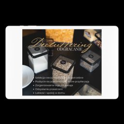 Klaudia Kozłowska Design - Grafika na tablecie prezentująca koncept 'De-cluttering' z minimalistycznymi pojemnikami na żywność i hasłami o selekcji i organizacji przestrzeni.