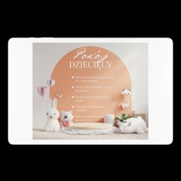 Klaudia Kozłowska Design - Grafika pokoju dziecięcego z hasłem, pluszowymi zabawkami i dekoracjami w pastelowych kolorach, prezentowana na tablecie. Aranżacja wnętrza.