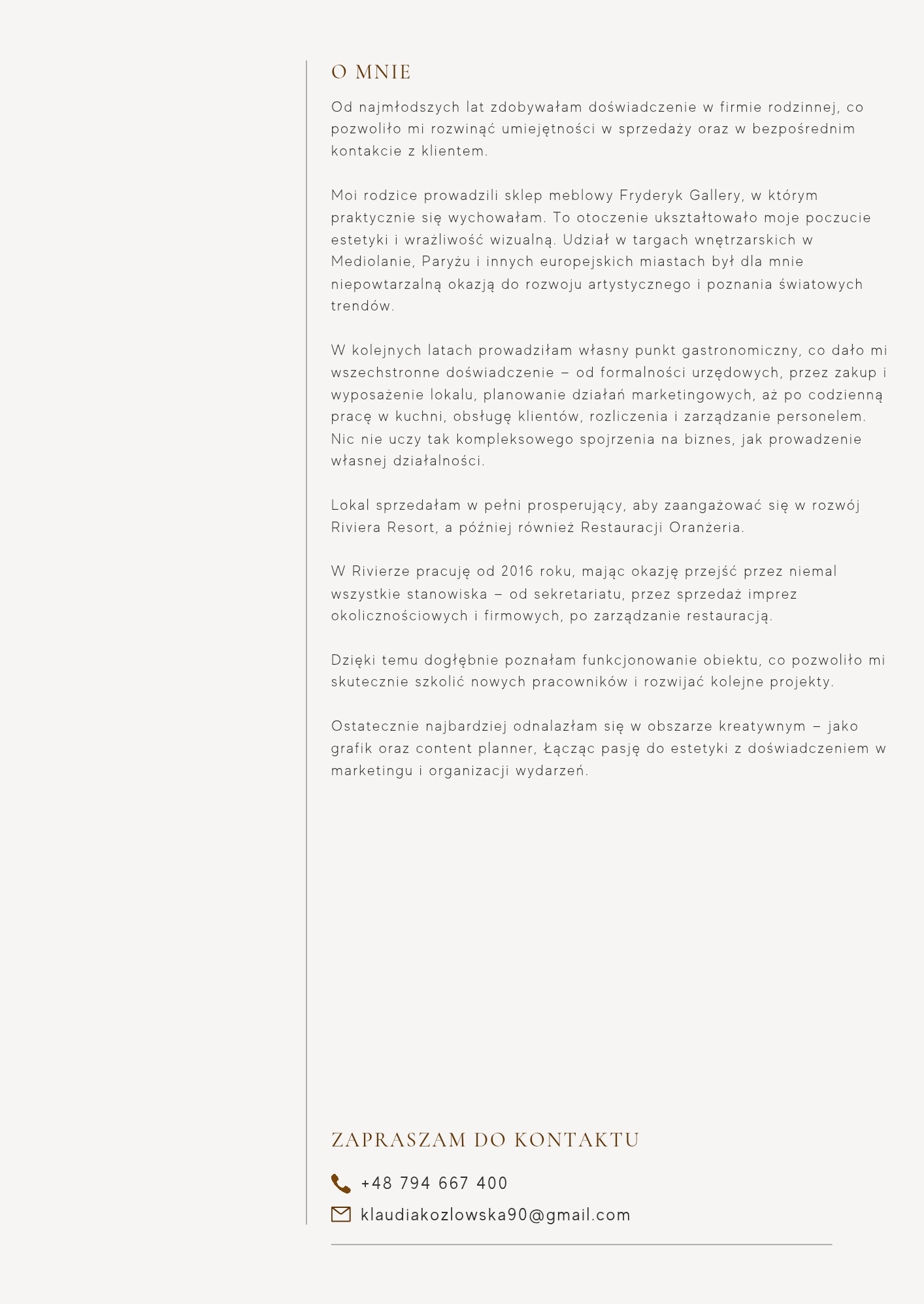 Tekstowe CV grafika/content plannera z doświadczeniem w marketingu i organizacji wydarzeń, z numerem telefonu i adresem e-mail. Minimalistyczny design.