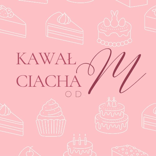 Grafika logo 'Kawał Ciacha' na różowym tle z obrysami ciast, babeczek i tortów. Elegancki font, burgundowe akcenty. Unikalny design dla cukierni lub kawiarni.
