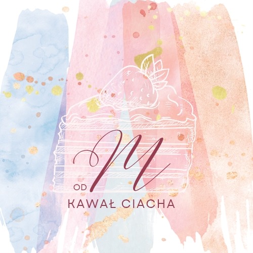 Delikatne logo z akwarelowym tłem: ciasto ze śmietaną i truskawką, litera 'M' oraz napis 'od Kawał Ciacha'. Subtelna kolorystyka i ręcznie rysowany styl.