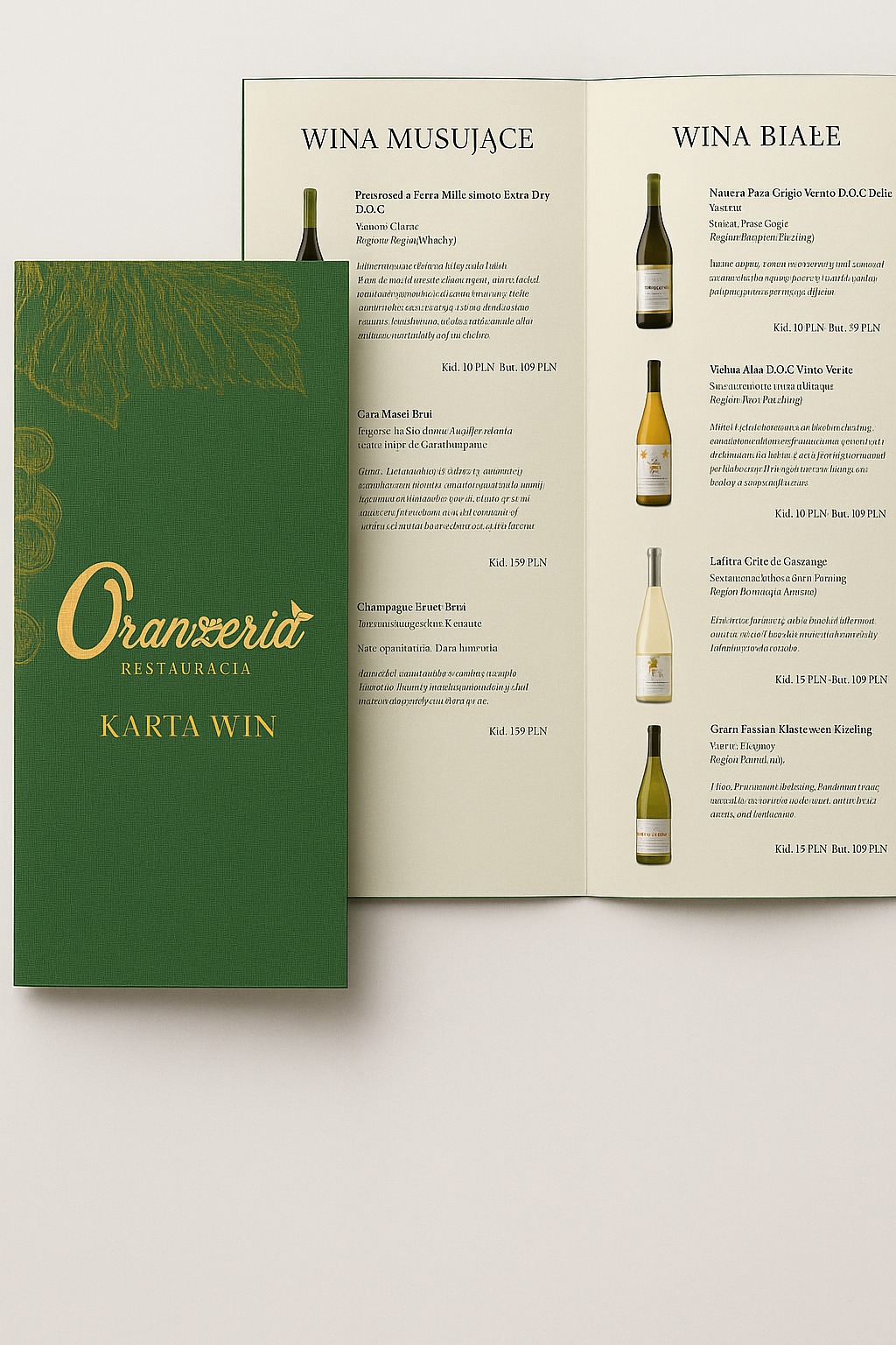 Elegancka karta win restauracji Oranżeria, prezentująca wybór win musujących i białych z cenami w PLN, na kremowym papierze z zielonym akcentem.