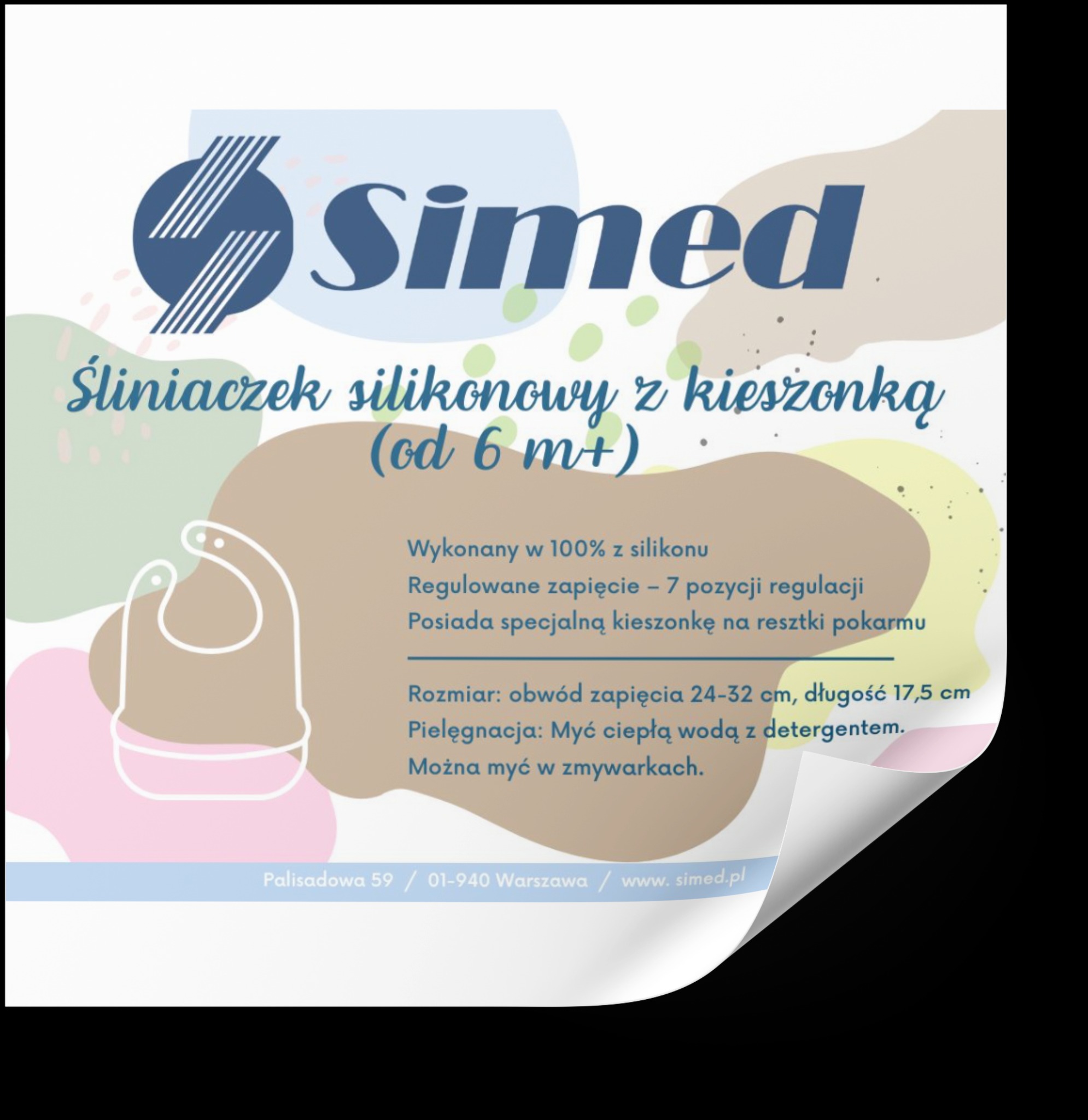 Grafika z silikonowym śliniaczkiem z kieszonką marki Simed. Pastelowe tło, informacje o produkcie, adres firmy. Reklama produktu dziecięcego.