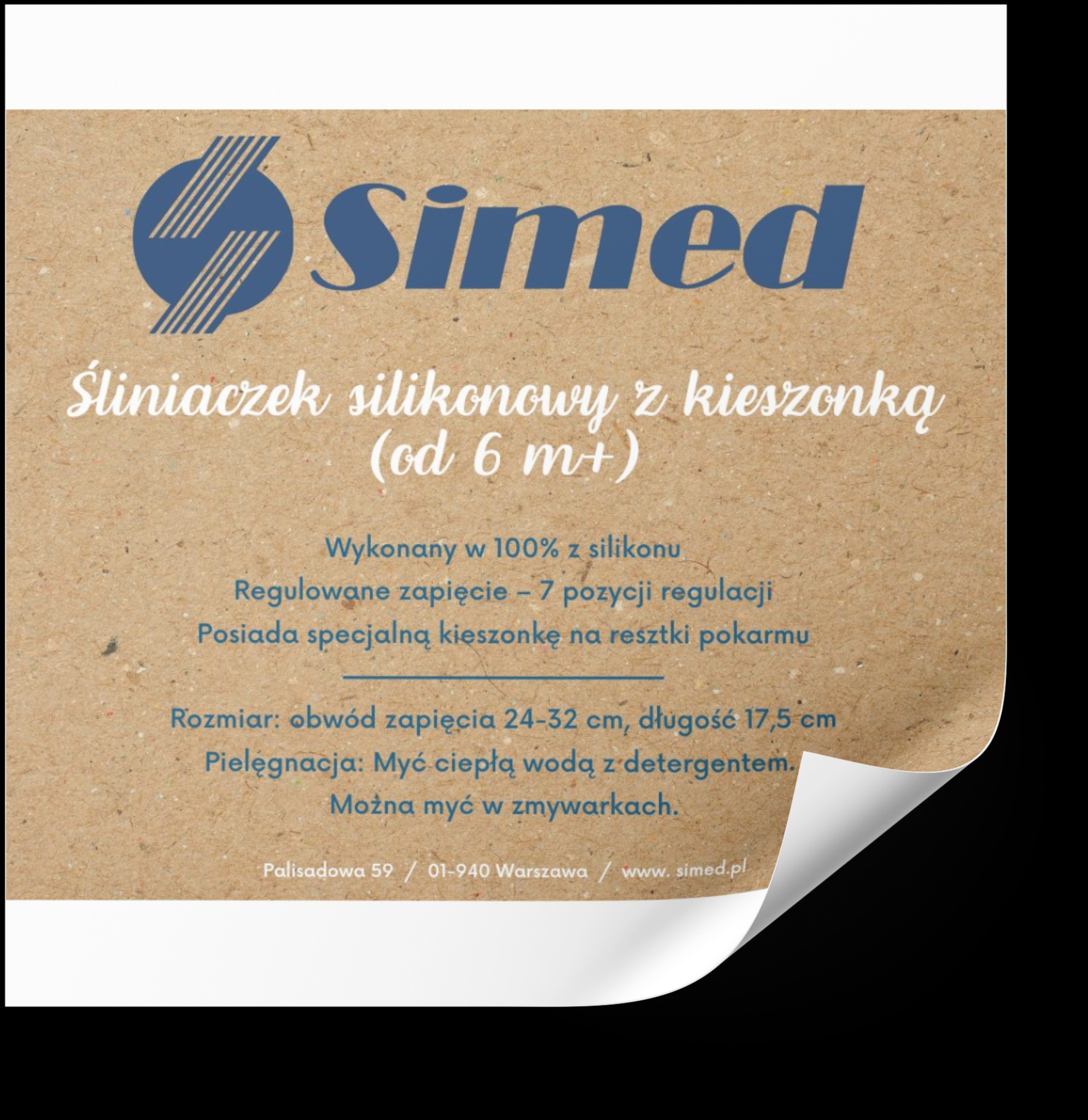 Grafika z informacjami o silikonowym śliniaczku dziecięcym marki Simed, z uwzględnieniem rozmiaru, pielęgnacji i składu. Tekst w kolorze niebieskim na brązowym tle.