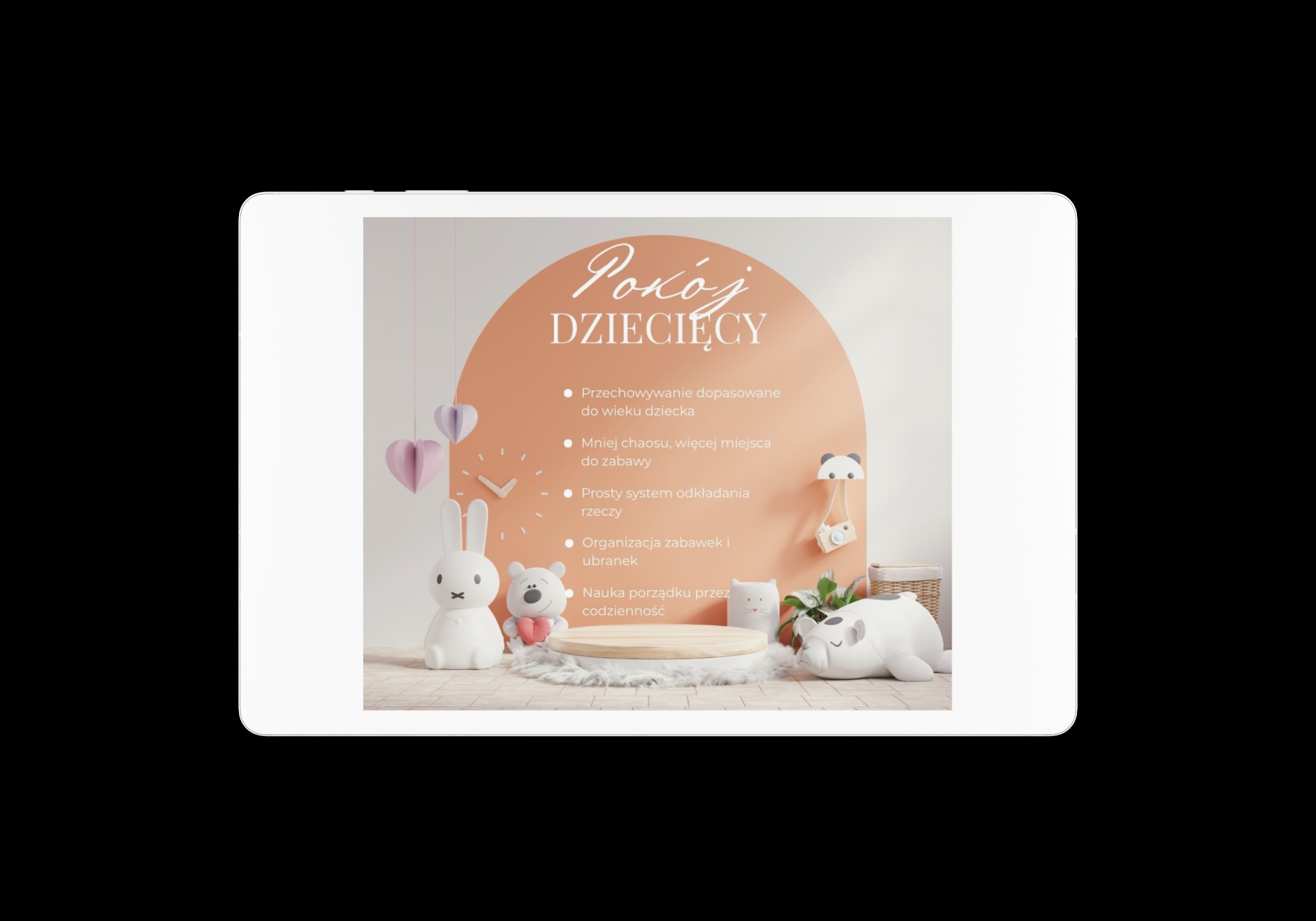 Grafika pokoju dziecięcego z hasłem, pluszowymi zabawkami i dekoracjami w pastelowych kolorach, prezentowana na tablecie. Aranżacja wnętrza.