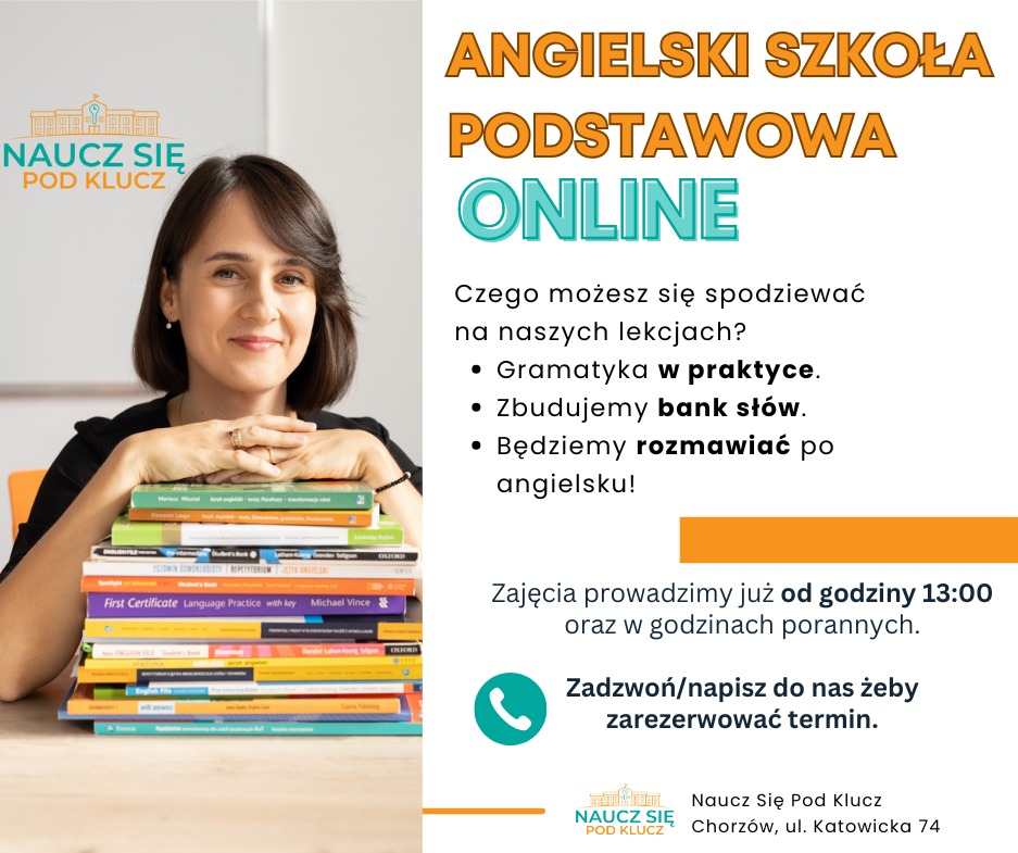 Uśmiechnięta lektorka angielskiego z stosem podręczników, zapraszająca na lekcje online dla szkoły podstawowej. Grafika z hasłami: gramatyka, słownictwo, konwersacje.