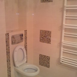 Adam Wierzbicki - Wykończona łazienka z podwieszaną toaletą, obudowaną mozaiką. Na ścianie dekoracyjne kwadraty z mozaiki i biały grzejnik drabinkowy. Jasne płytki na ścianach.