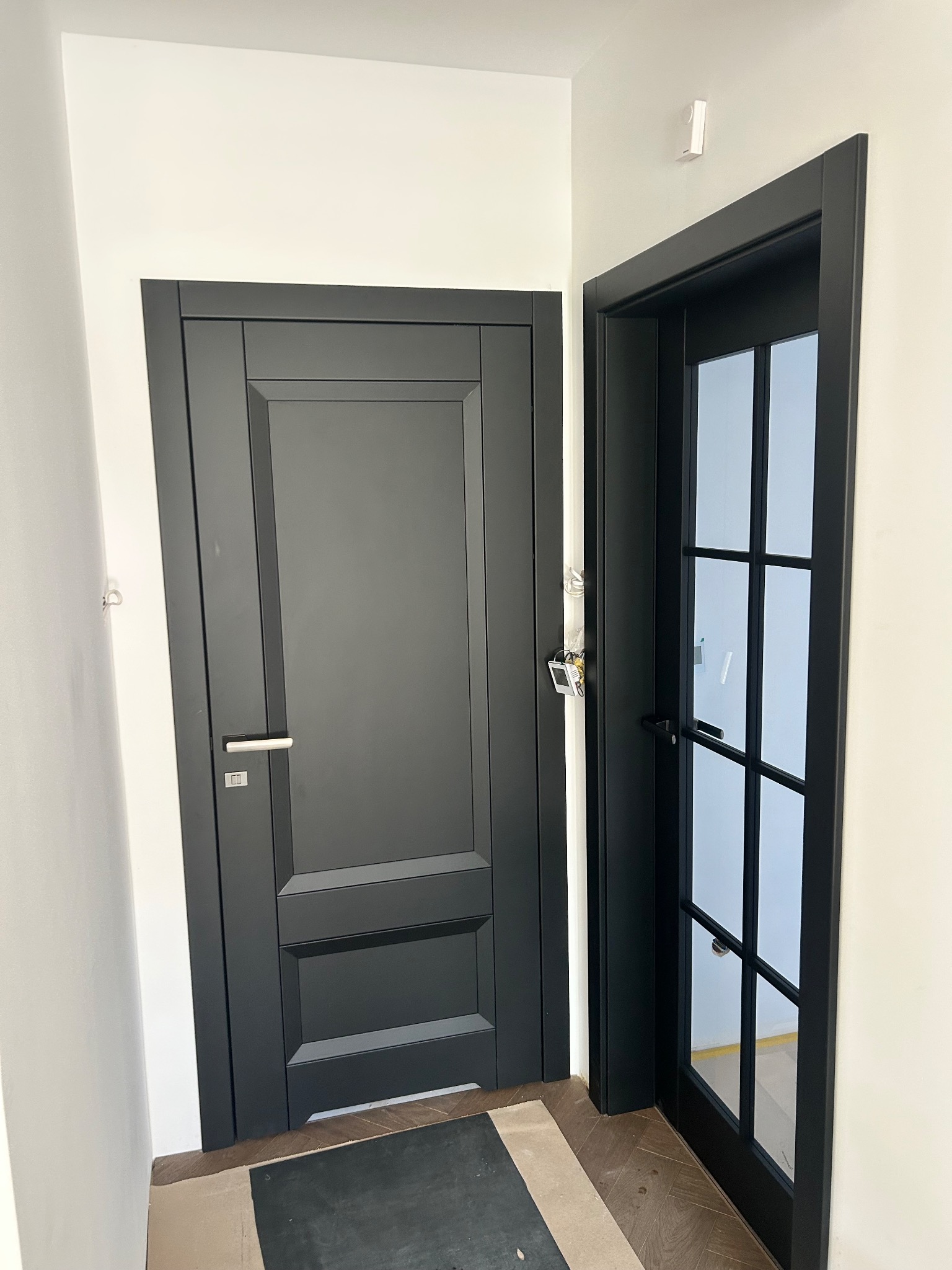 Dwa czarne drzwi: pełne i przeszklone z kratką, zamontowane w białym korytarzu. Widoczne fragmenty podłogi i ścian. Minimalistyczny design.