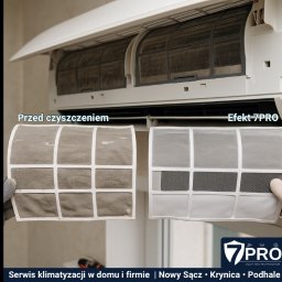 7PRO - Instalacje i Technologie Mateusz Plewa - Klimatyzator z filtrami: brudny (przed) i czysty (po czyszczeniu). Widoczne filtry przed i po serwisie, prezentacja efektu czyszczenia klimatyzacji.
